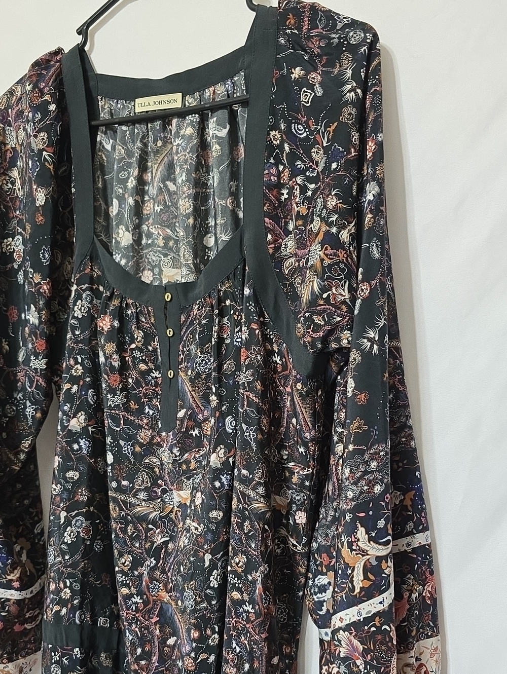 Ulla Johnson Black Floral Long-Sleeve Midi Dress 100% Silk - Picture 3 of 7
